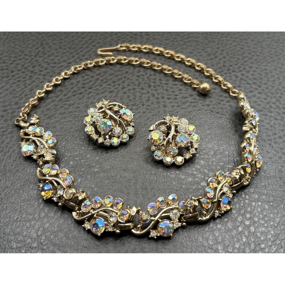 Vintage AB Crystal Rhinestone Necklace Choker Clip On Earrings Demi Parure Set